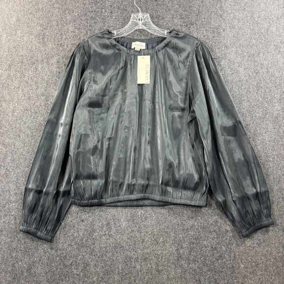 Cloth & Stone Blouse Women's Medium Black Midnight Shimmer Balloon Sleeve - Picture 1 of 8